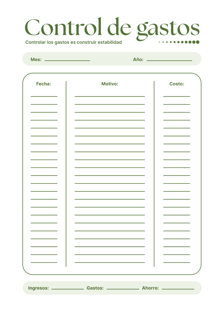 Documento A4 control de gastos mensual profesional verde